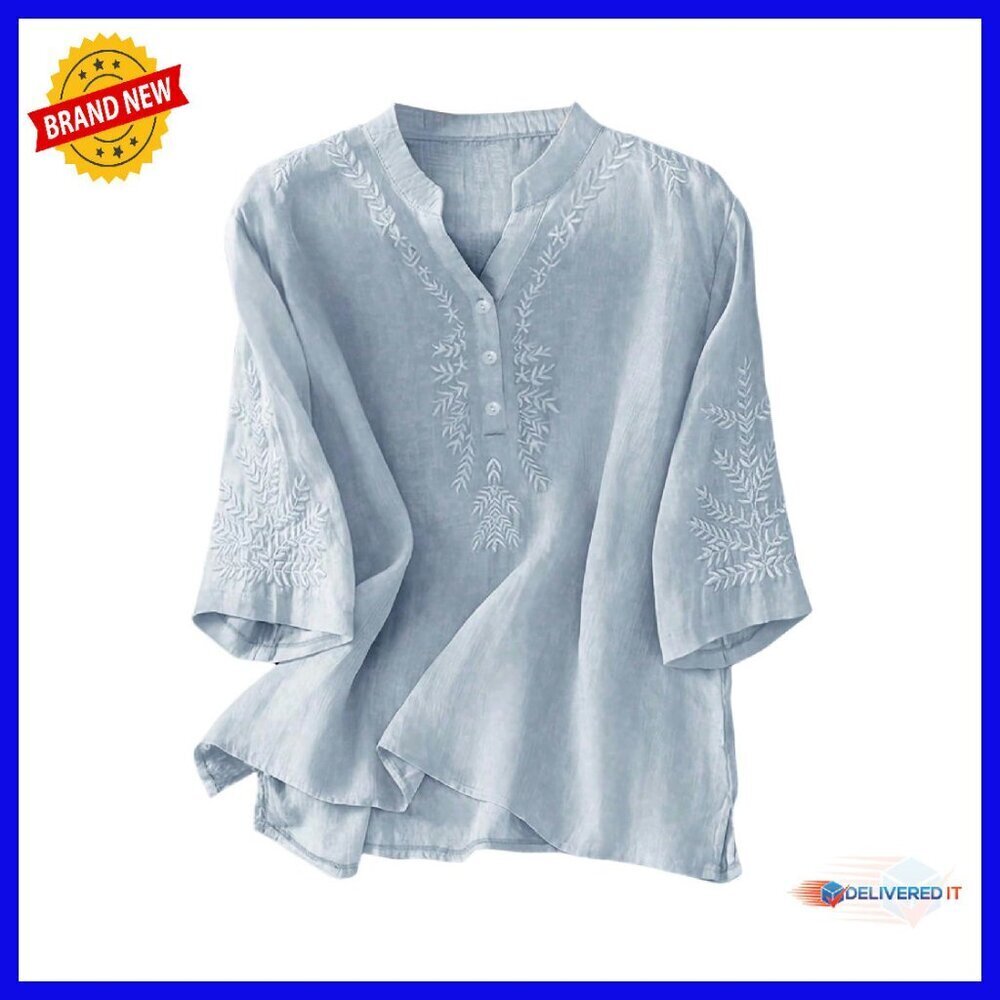 Boho Blouse Notch V Neck Embroidery 3/4 Sleeve Button Front Top
